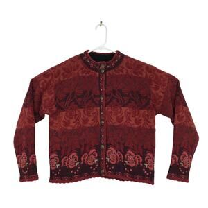 Icelandic Women's Medium Knit Jacket Button Up Wool Blend Scallop Hem Floral Red